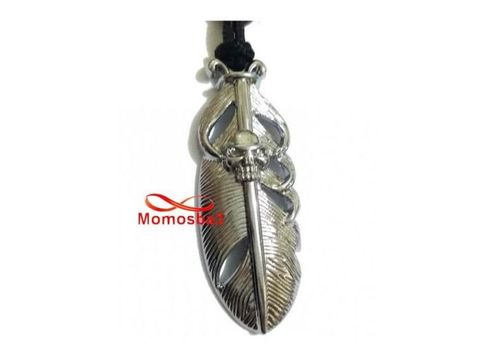 Collier Fil Noir Réglable Avec Pendentif Plume Tete De Mort Argenté - Unisex au meilleur prix au Maroc