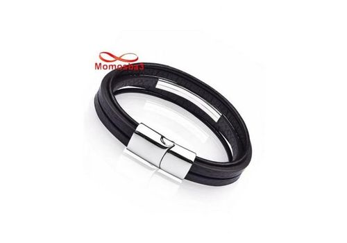 Bracelet En Cuir Noir Et Acier Inoxydable + Sachet De Bijoux au meilleur prix au Maroc