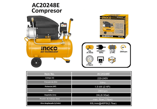 Compresseur d'air 24l, 1.5 kW (2 HP) INGCO au meilleur prix au Maroc