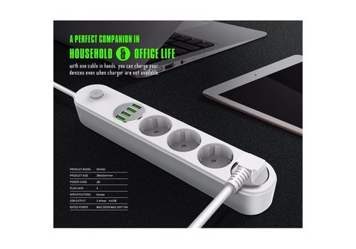 Multiprises SE4432 - 4 Prises + 4 Ports USB 3.4A - 2 M au meilleur prix au Maroc