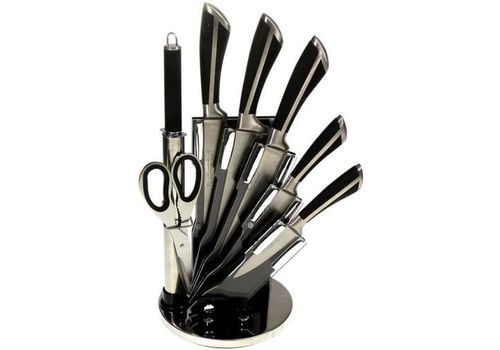 Set de 5 couteaux en inox avec ciseau, fusil et support pivotant au meilleur prix au Maroc