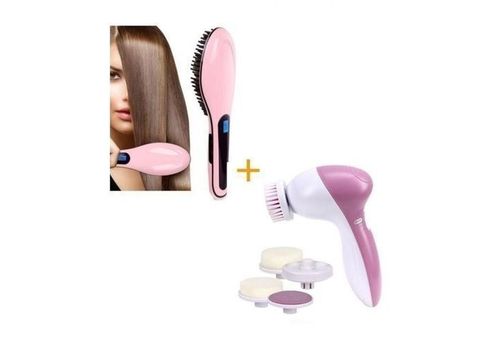 Pack Brosse lissante chauffante électrique + Brosse De Nettoyage Pour Visage 5 en 1 au meilleur prix au Maroc
