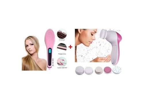 Pack Brosse Cheveux Lissante Electrique + Brosse De Nettoyage Pour Visage 5 en 1 au meilleur prix au Maroc